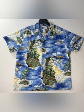 Hawaiian Airplane Blue Tropical Print Shirt Vintage Styled By RJC Size 2XL